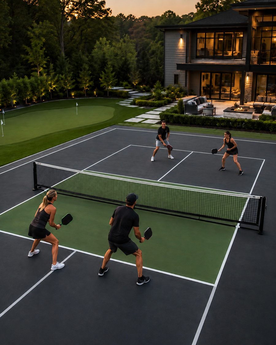 Backyard pickleball court at dusk beside a modern Texas home