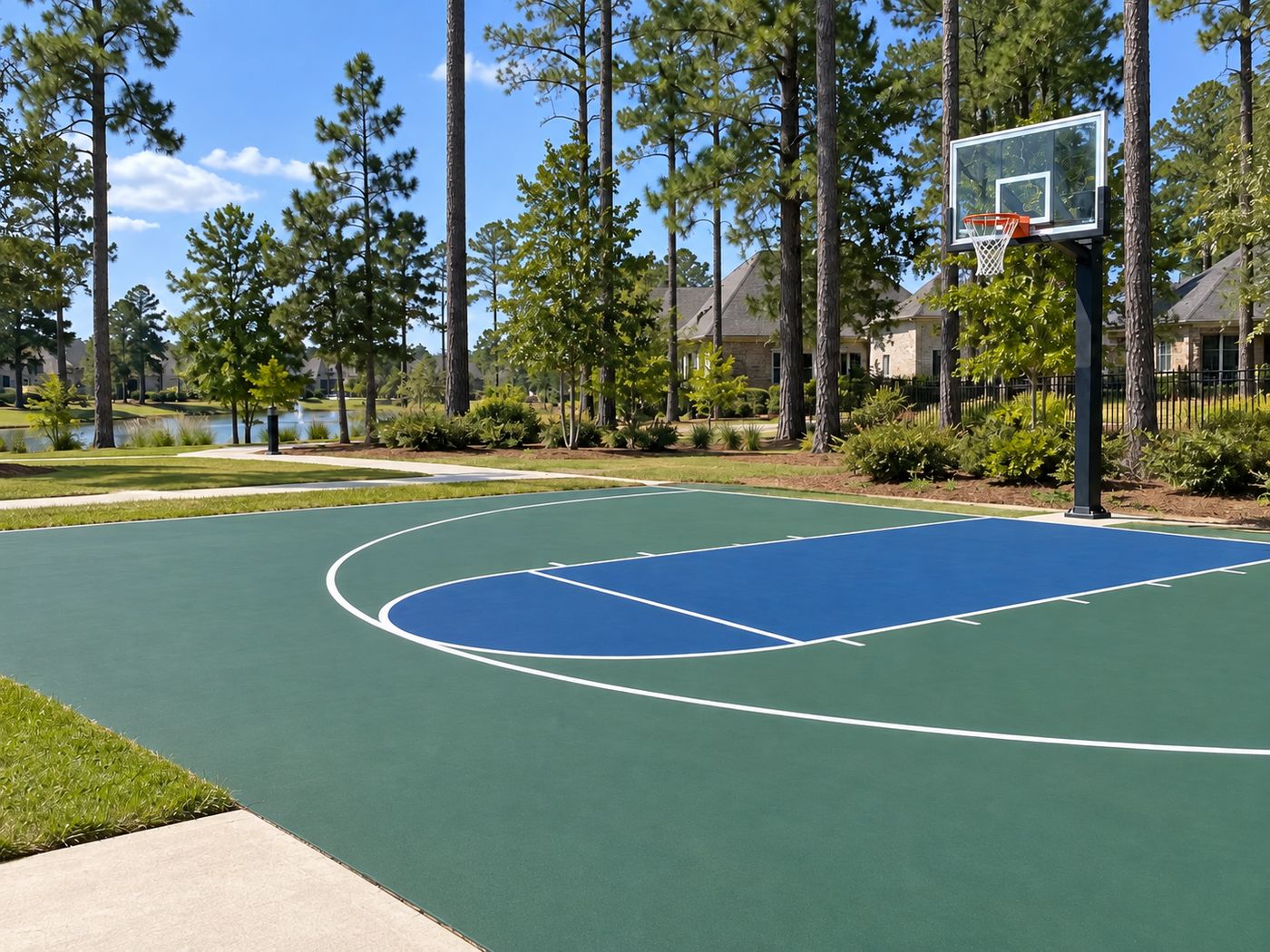 Outdoor half-court with painted key and three-point arc surrounded by trees