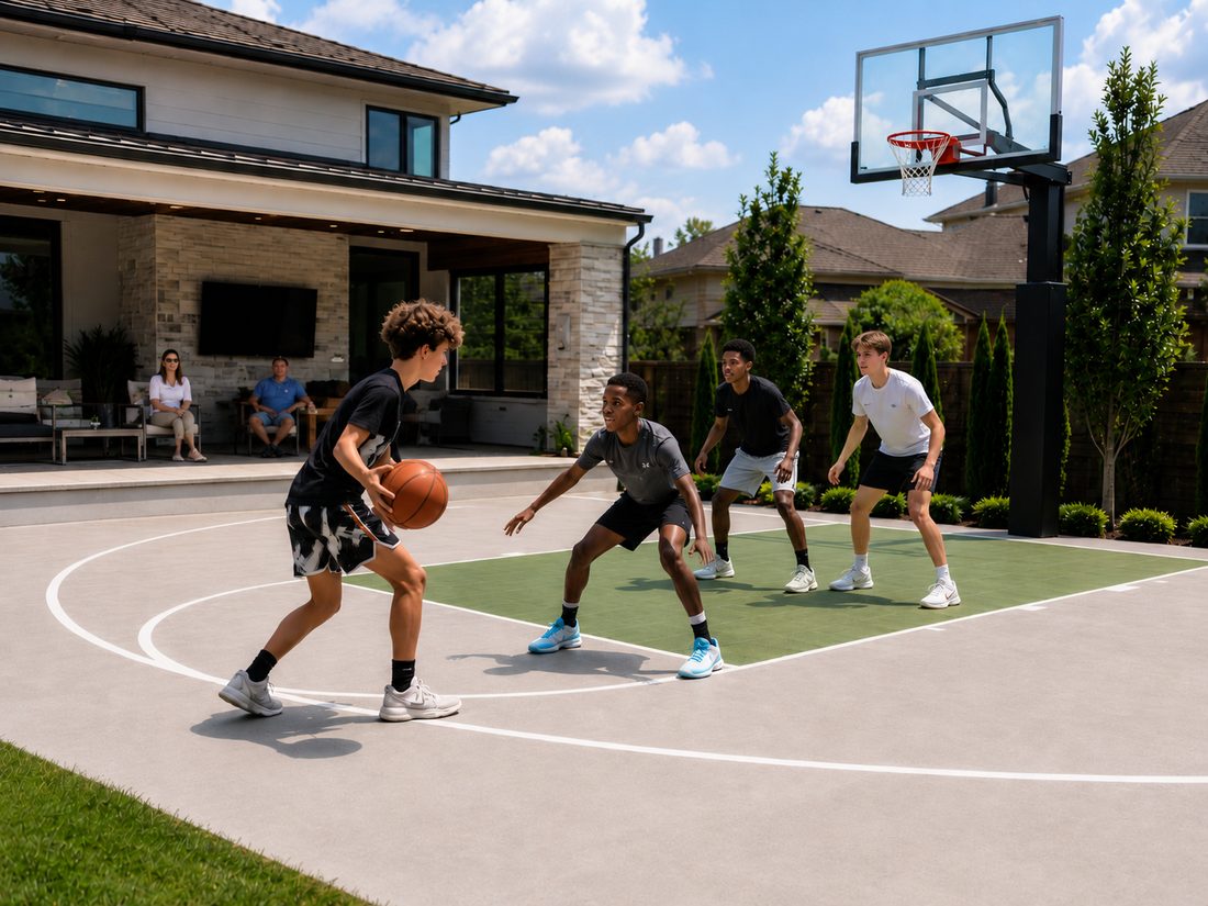 Backyard basketball court with an adjustable hoop behind a modern home