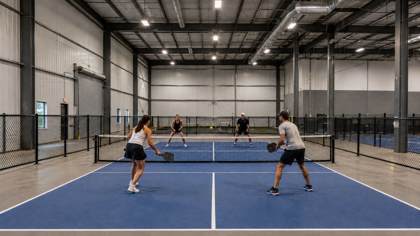 Indoor pickleball courts inside a warehouse-style facility