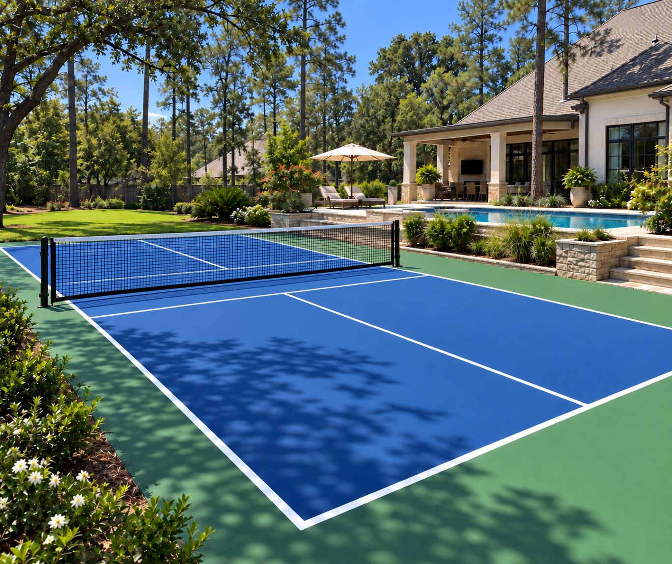 Outdoor pickleball court beside a pool surrounded by mature trees