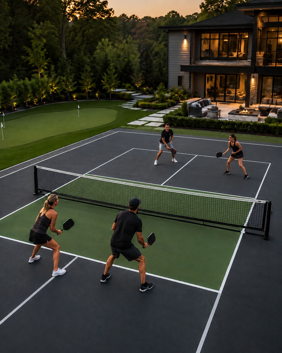 Backyard pickleball court at dusk beside a modern Texas home with a putting green nearby